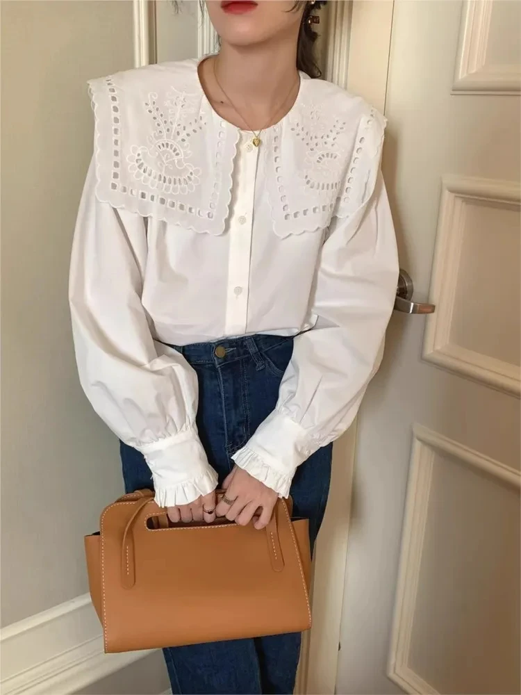 Le Luz French Chic Elegant Shirts Loose Beige White Long Sleeve Autumn Hollow Out Embroidery Blouse Chic Button Up Shirt Tops