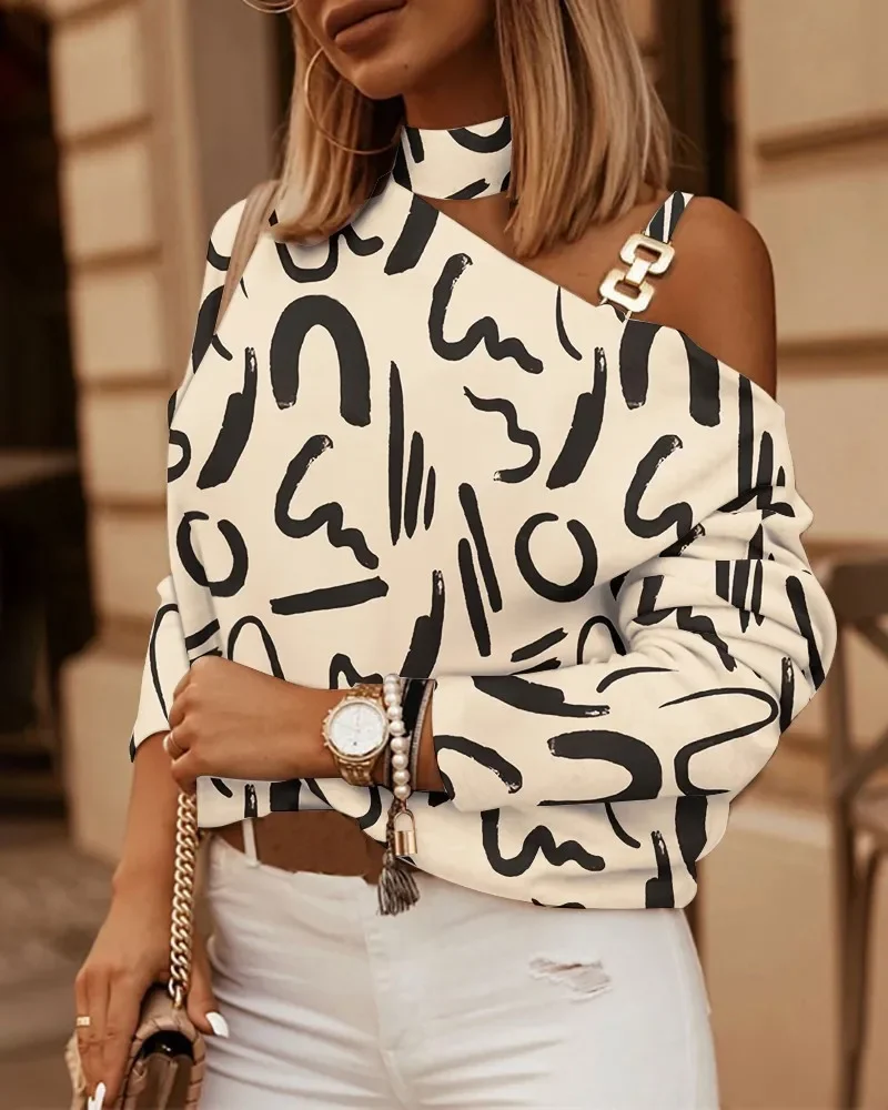 Sexy Off Shoulder Halter Neck Women Blouse Long Sleeve Fashion Print Casual Loose Tops 2024 Autumn Elegant Office Ladies Blouses