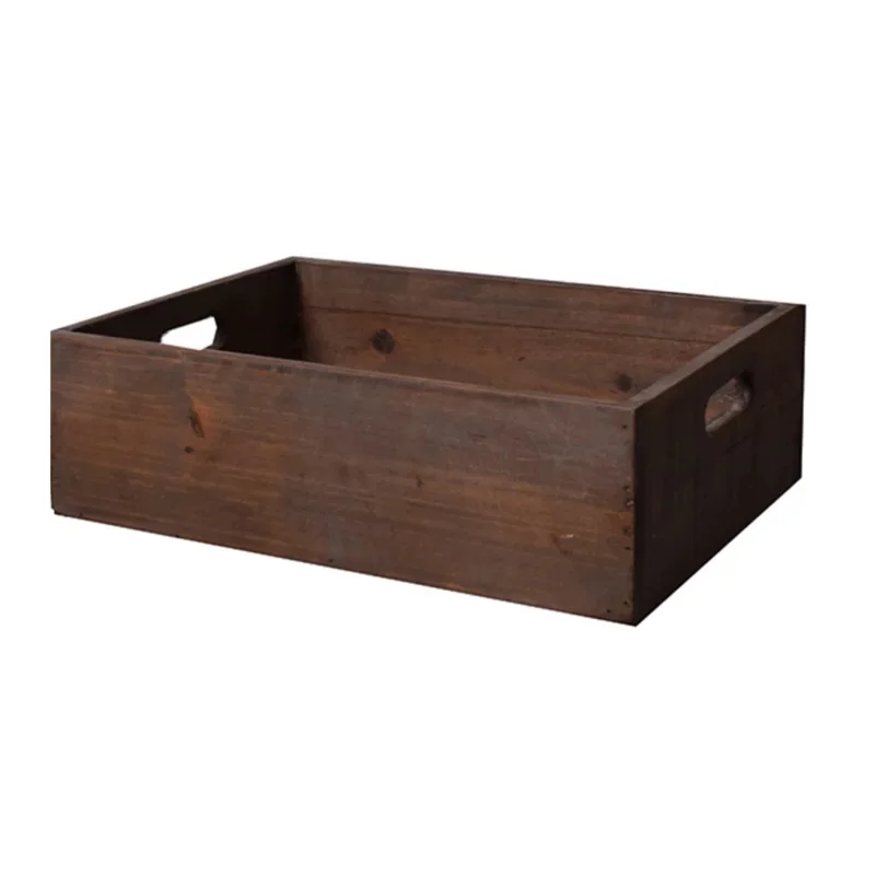 Vintage Brown Handmade Farmhouse Rectangle Wooden Storage Crate Box with Cutout Handles