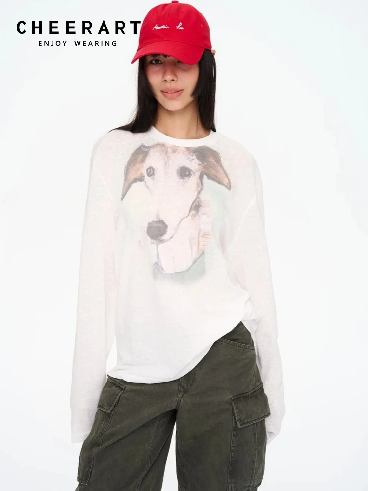 CHEERART Painted Dog Graphic Tees Long Sleeve Top For Woman Funny T Shirt Fall 2026 Cute Tops Oversized Tshirt Designer Clothes