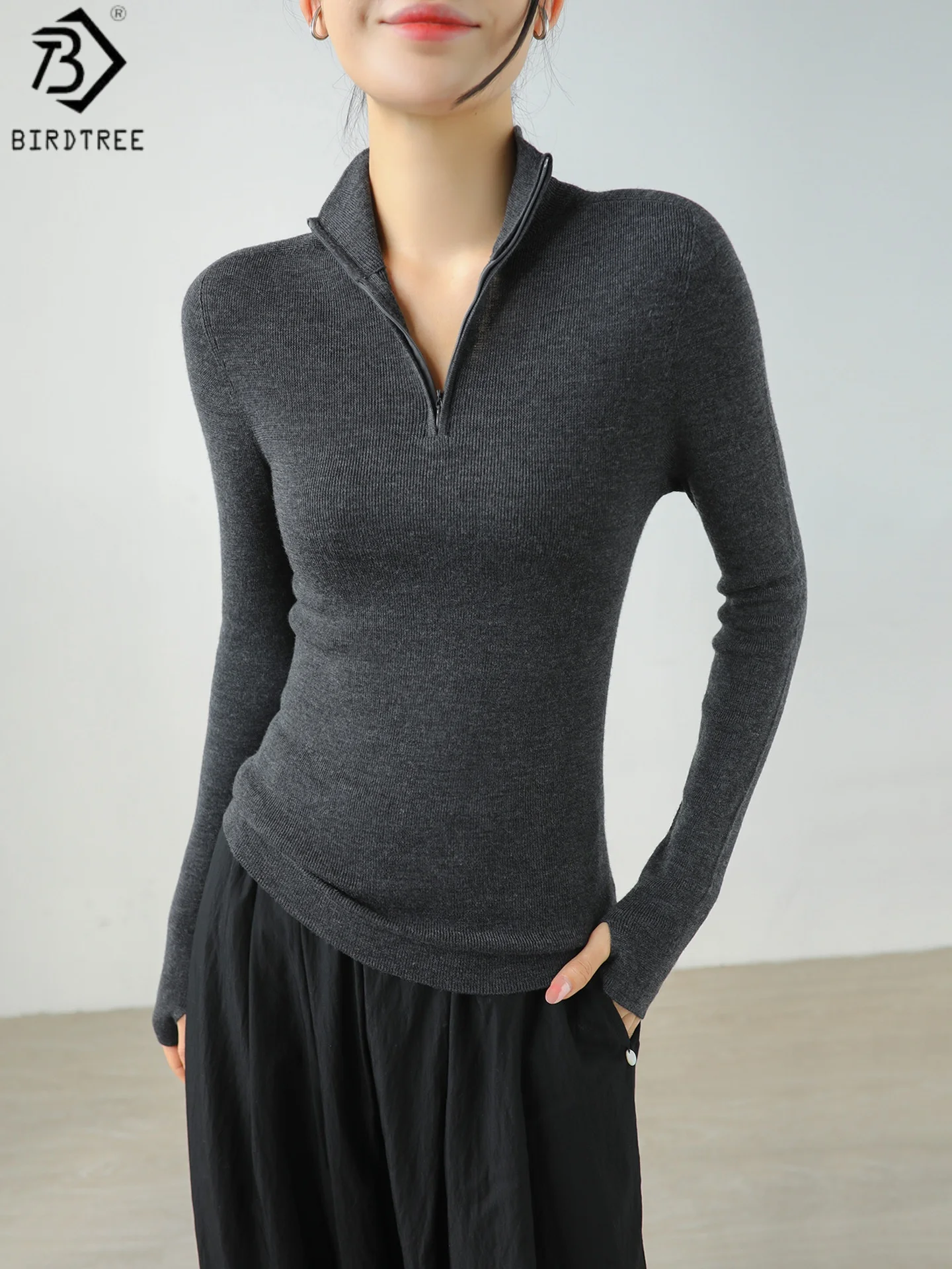 

Birdtree 100% Sheep Wool Knited Zipper Undershirt,Women Yangtze Yarn Seamless Glove Sleeve Stand Collar Shirt Pullover T59612JF