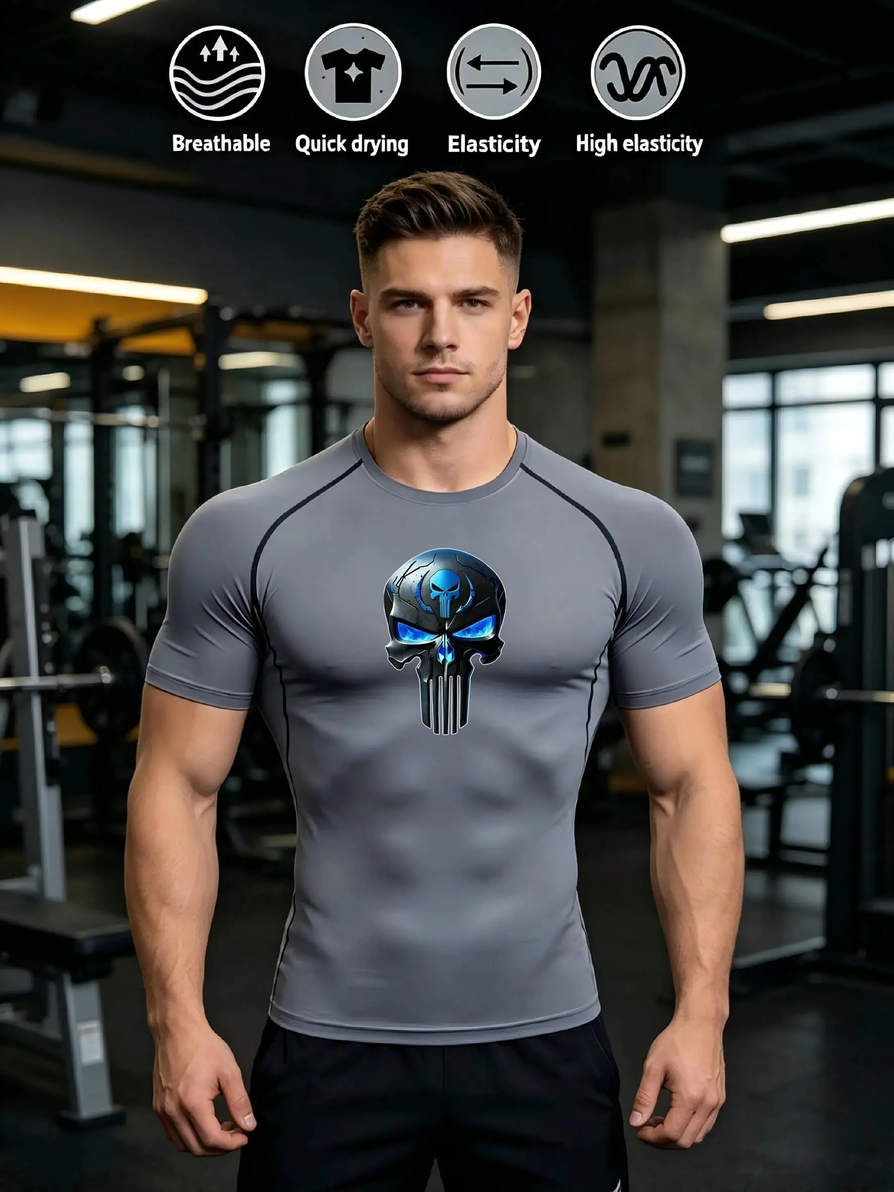 Men Skull Print T-shirt Quick Dry Breathable High Elastic Short Sleeve Gym Tight Tee Outdoors Fitness Running Training Sport Top
