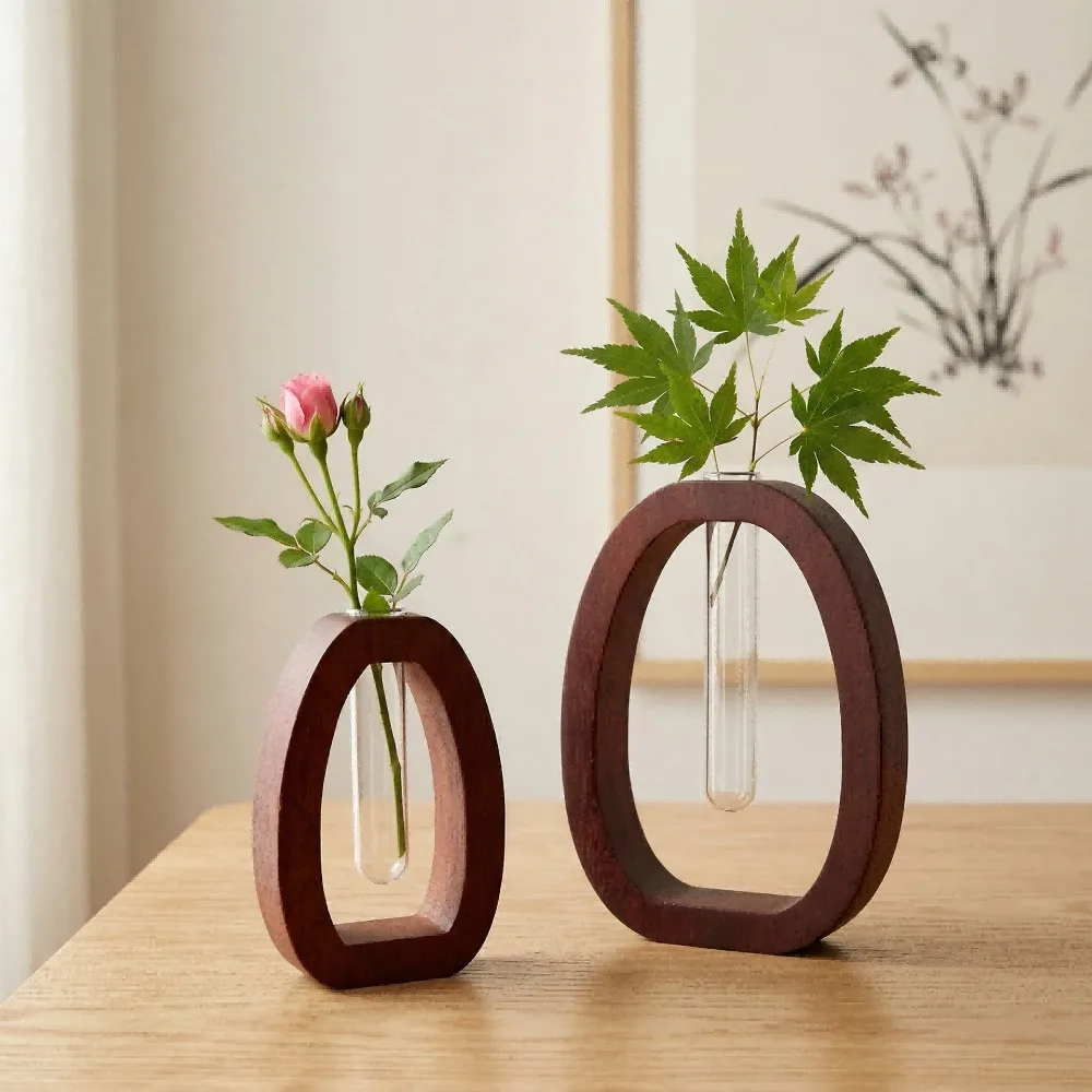 Wooden Hydroponic Flower Vase Home Decoration Minimalist Glass Tube Vase Creative Design Desk Ornaments Water Plant Tube Stand