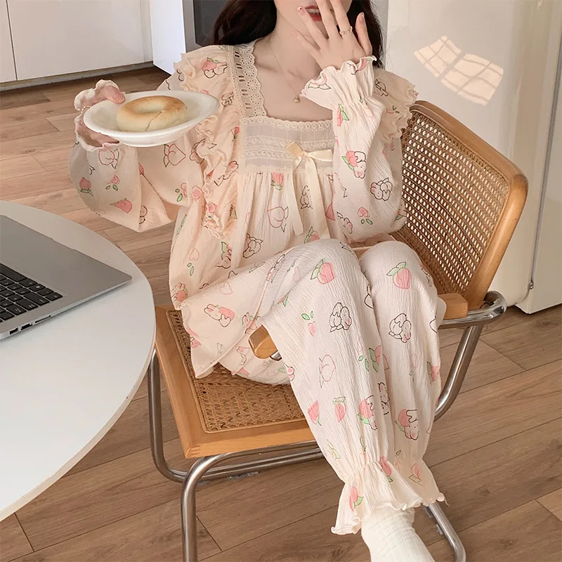 Lace Princess Style Girl Long Sleeve Pajama Woman Sweet Student ins Style Autumn 2024 New Loungewear Set Long Pants