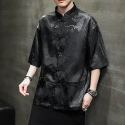 Summer Chinese Traditional Dress Plus Size High Quality Dragon Embroidery Shirt Men Clothing Ice Silk Short Sleeve Vintage Tops