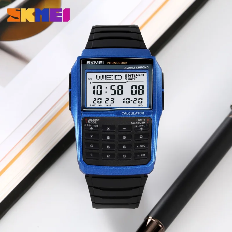SKMEI 2255 ساعة آلة حاسبة رياضية مزدوجة الوقت للرجال ساعات معصم رقمية للرجال العد التنازلي كتاب هاتف غير رسمي Montre Homme 1278