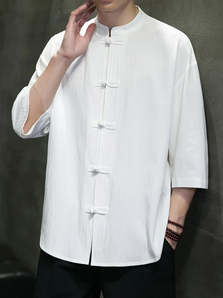 

Men's Linen Cotton Shirt Short Sleeve Summer Chinese Style Button up Top Five Half Sleeve Tang Costume Loose Fit Fashion Urban