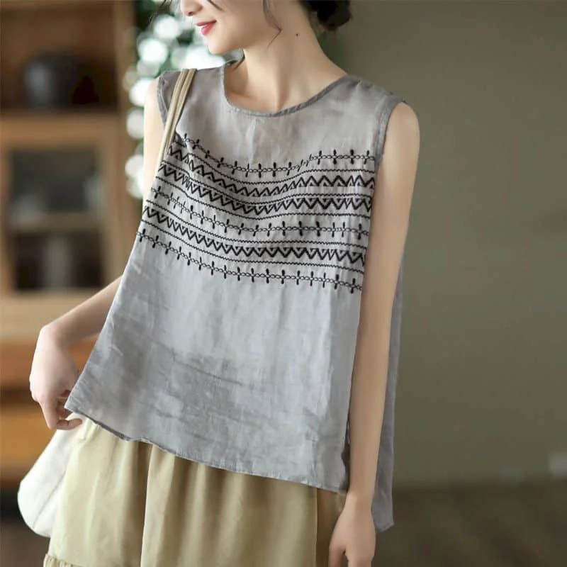 Vest for Women Tops Cotton Linen Embroidery Stripe Korean Style Vintage Casual Sleeveless Loose Tanks Women Clothing Outerwears