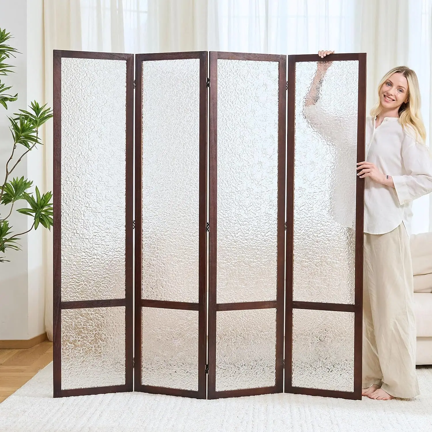 Freestanding 4-Panel Acrylic Privacy Screen Room Divider, Frosted Translucent Lightweight Modern Partition for Home Office Studio, Walnut, 4 Panels