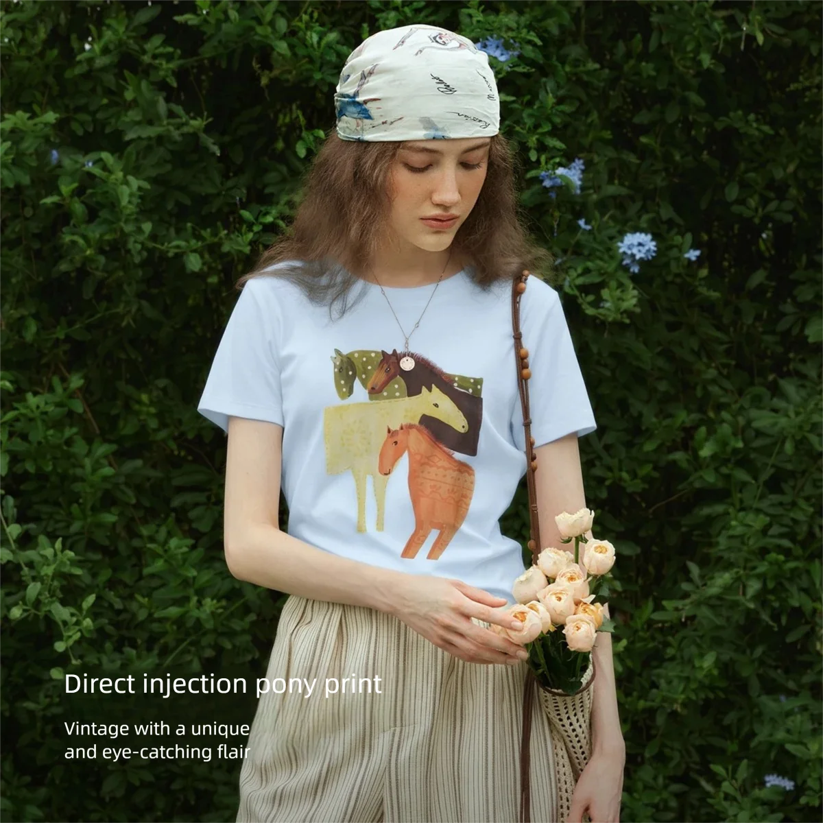 OLrain Retro Stylish Horse Direct Print Short Sleeve Tee 2026 Summer Casual Commuter Round Neck Loose Top Women O58XT006609