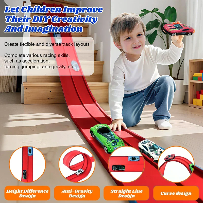 مسار سباق مرن بطول 13 قدمًا و16 قدمًا للأطفال، مسار منحدر سيارة السباق مع أكواب شفط و4 سيارات سباق صغيرة #2