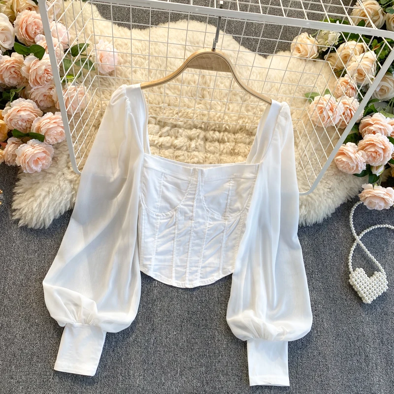 

ort Bubble Sve Chiffon Long Sve Women's Top Faionable Korean Sle Square Collar Slim Fit Base irt for Young Women