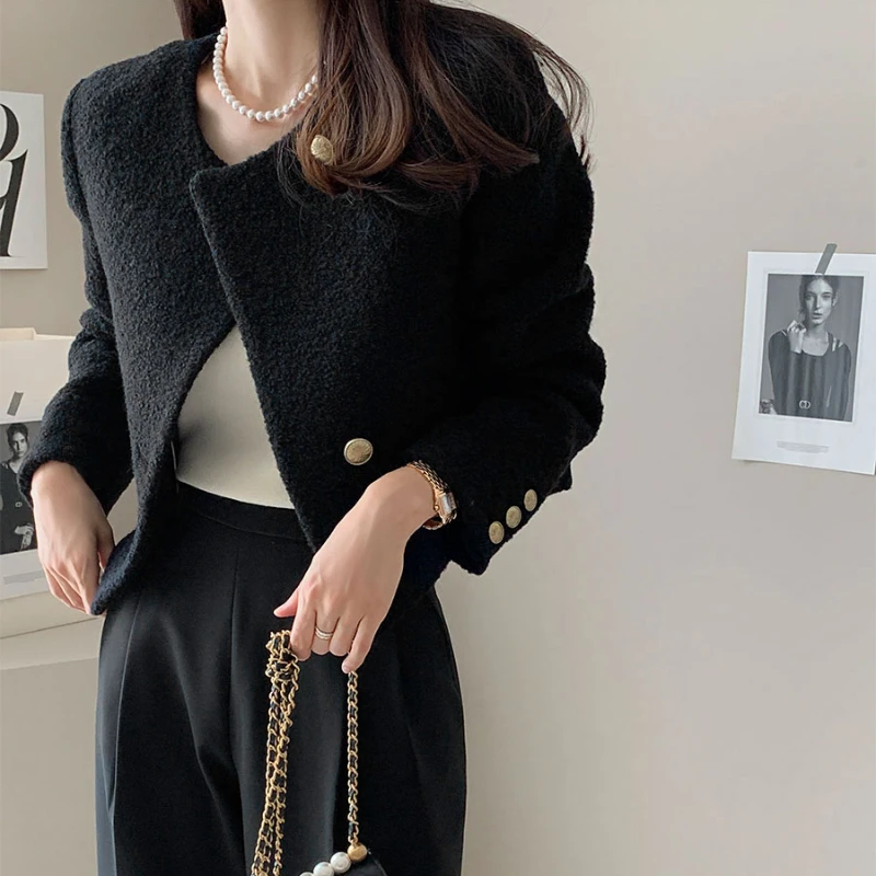 

Korean Style Female Black Jackets Good Quality Button Fly Long Sleeve Office Lady Elegant Blazers Women's Woolen Coats Outerwear