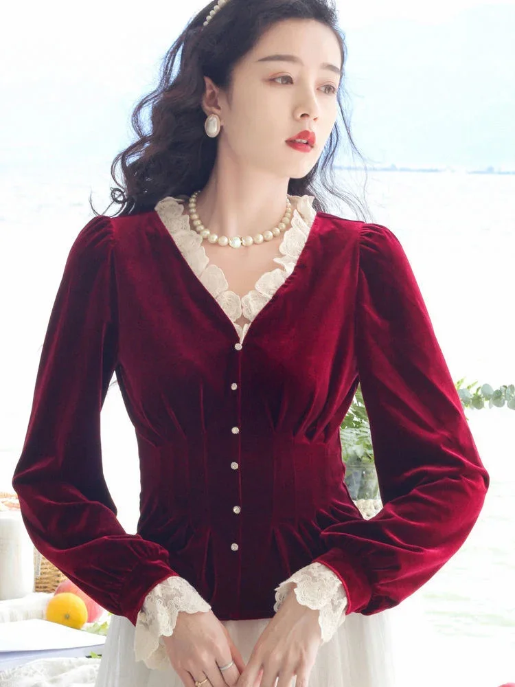 Fall Spring Womens Vintage Ruffles Lantern Sleeve Wine Red Black Velvet Blouse Tops , Woman Slim Lace Patchwork Velour Blouses