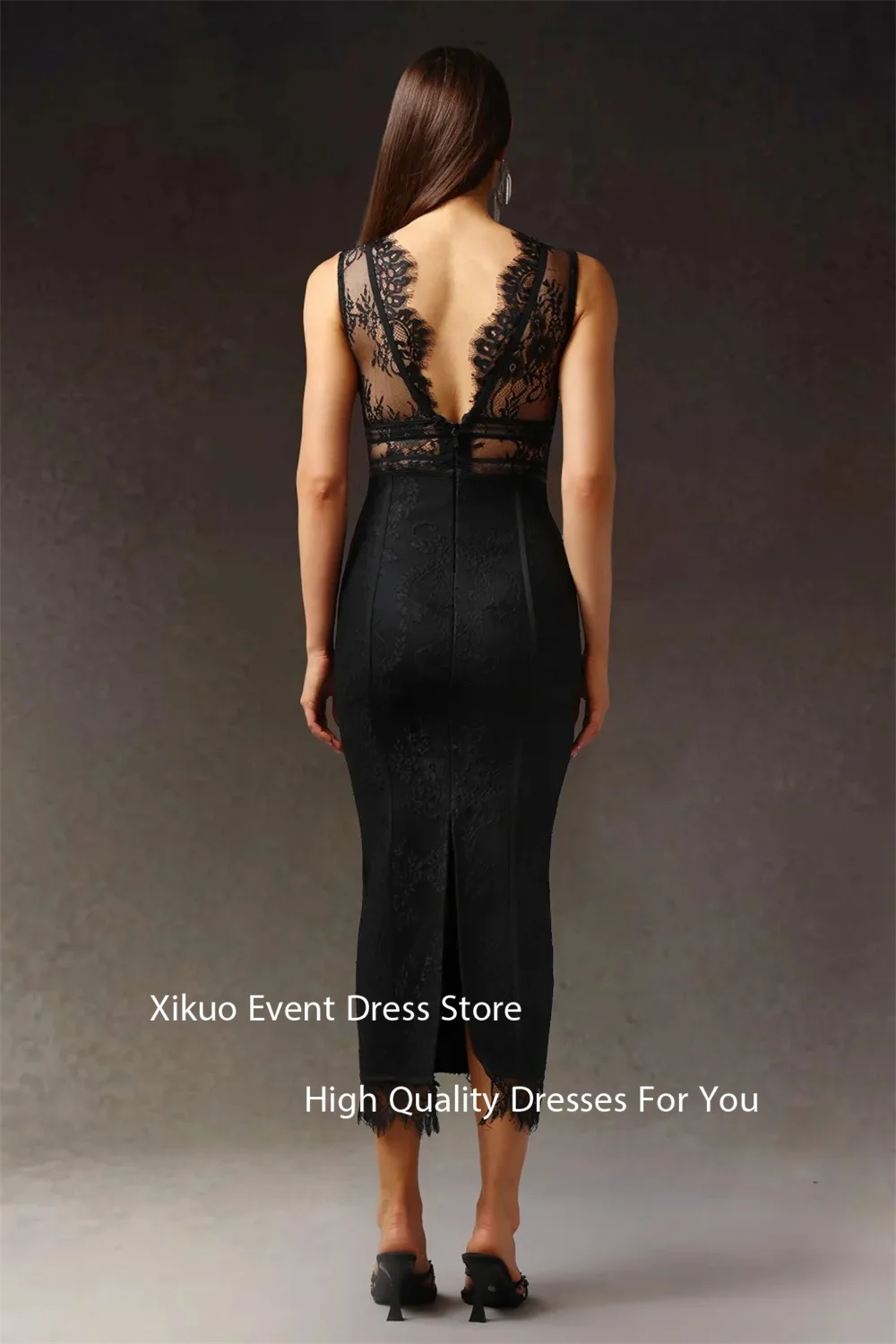 Xikuo Unique V Neck Black Evening Dresses Lace Eye Catching Sleeveless Party Gowns Tea Length Appliques Abiti Da Sera Customized