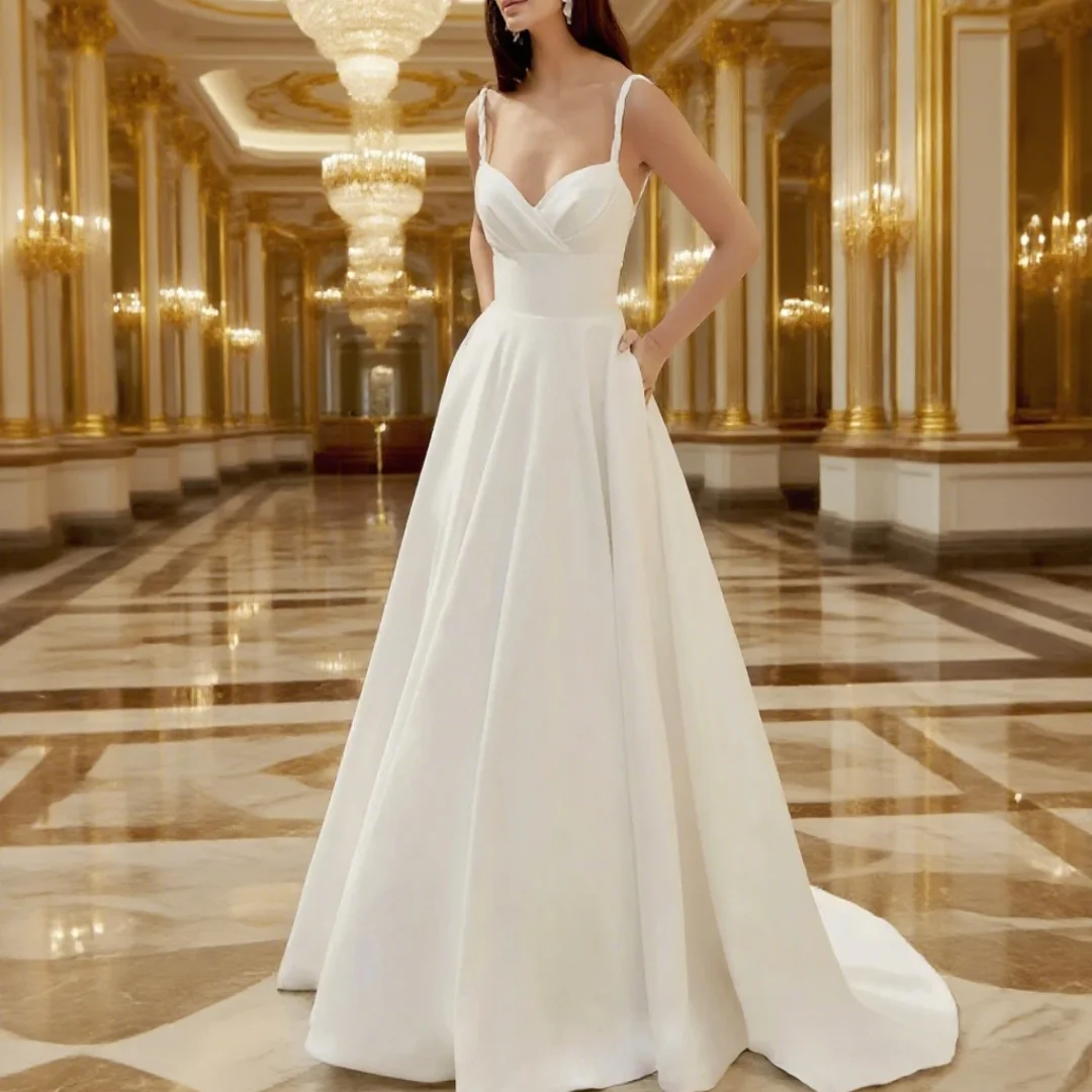 

Customized sweetheart-necklace women's wedding dress, elegant A-shaped satin formal evening gown for brides
