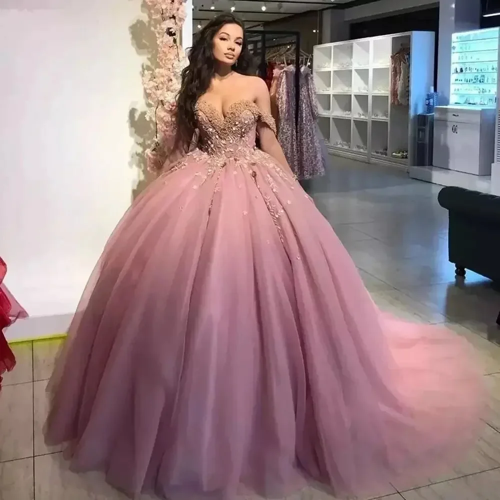 Elegant Popular Dusty Pink Ball Gown 15 Year Old Quinceanera Dresses Beading Off Shoulder Princess Birthday Party Gown Gift vest