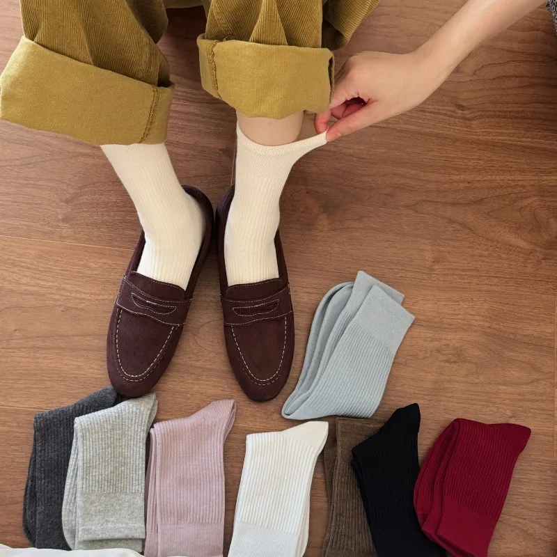 1 Pair Women's Solid-Color Mid-Calf Socks for Fall Winter Simple Korean Style Fine Stripes Gray Cotton Warm Socks High Quality