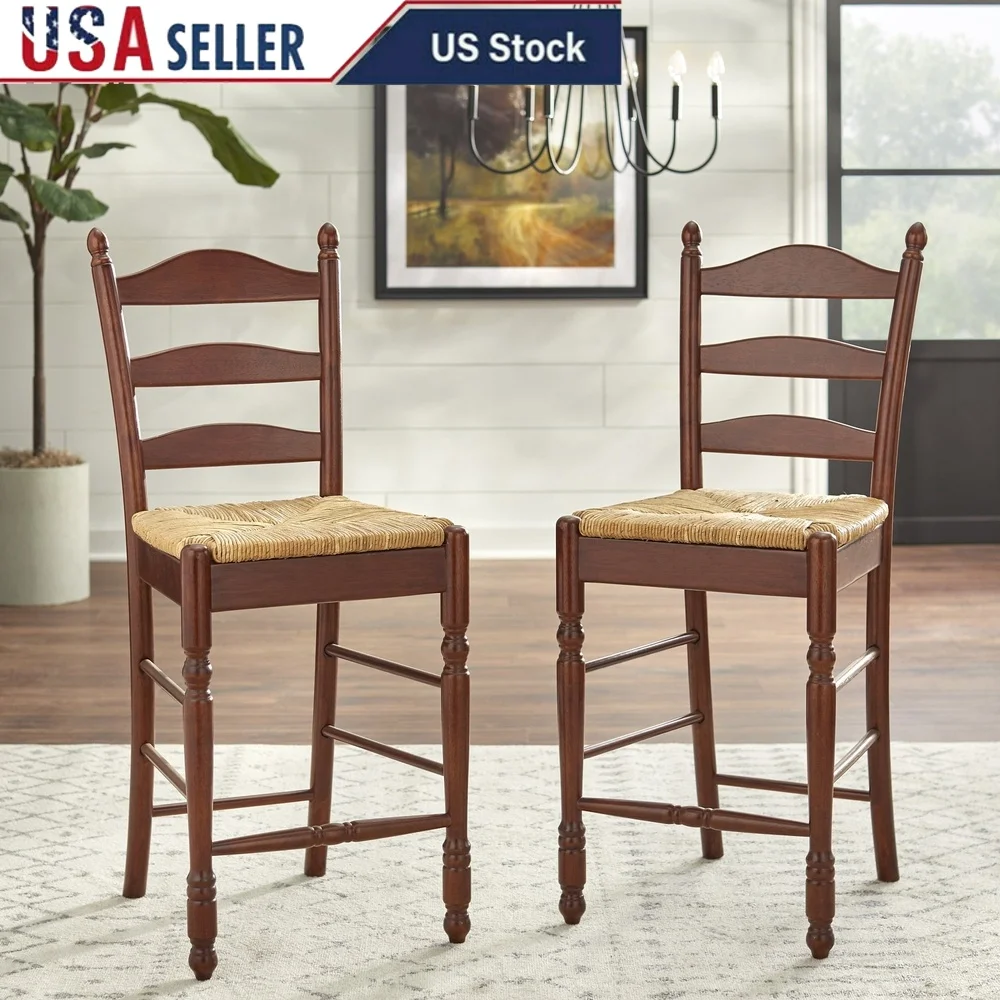 

Farmhouse Ladder Back Counter Stools Set of 2 Wood Kitchen Furniture Mid-Back Design Rubberwood Rush Seat Adjustable Footrest