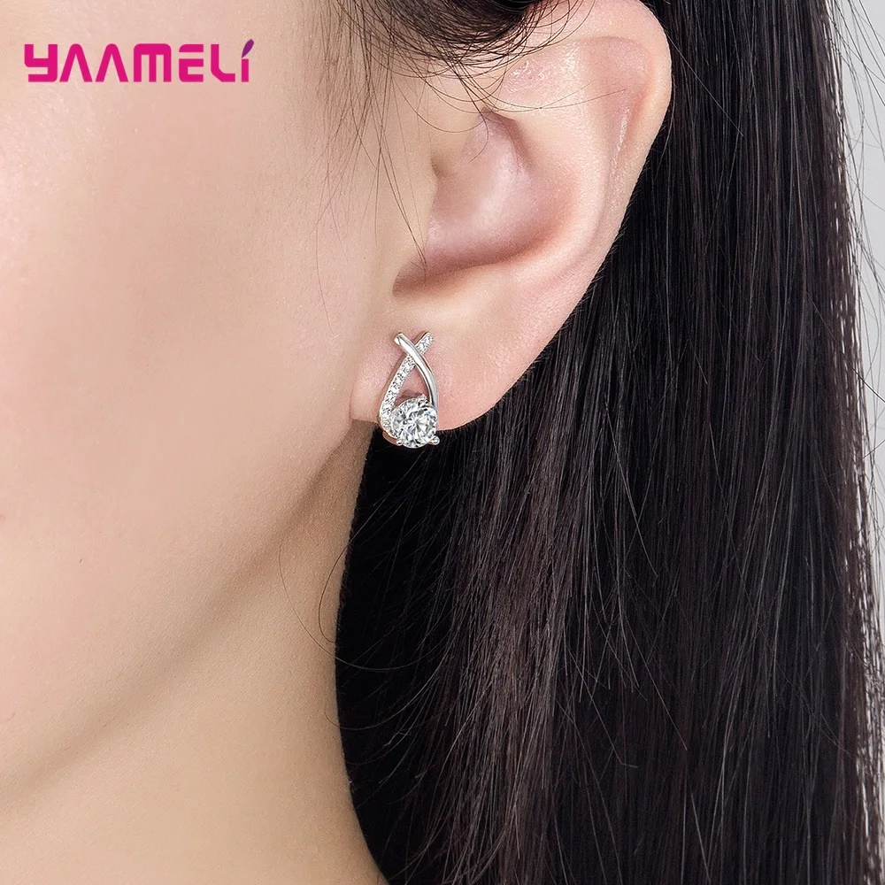 New 925 Sterling Silver Cross Stud Earrings for Women Girls Korean Style Elegant Crystal Jewelry Ear Fishtail Lady Earrings Gift