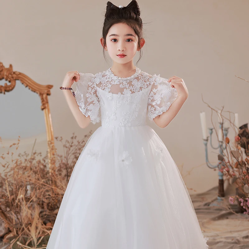 Dziewczęcy biały top z okrągłym dekoltem trójwymiarowy kwiat księżniczka rękaw suknia ślubna sukienka dla młodszej druhny balowa impreza/niestandardowe