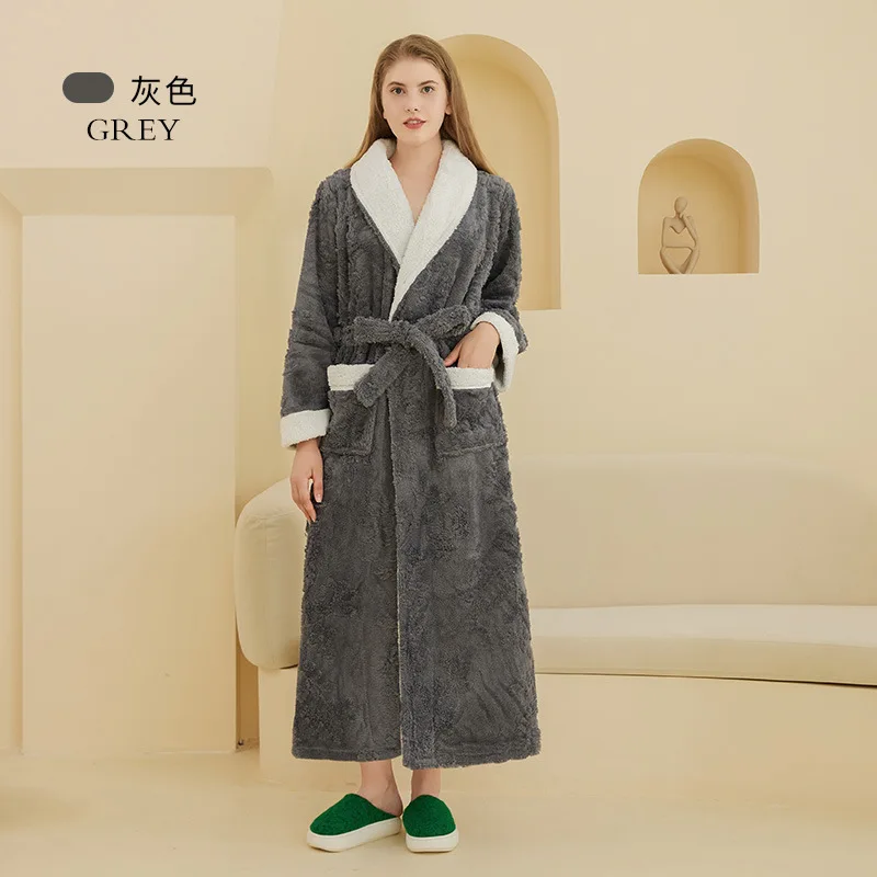 

Women's Thick Bathrobe Long Sleeve Warm Solid Couple Kimono with Sashes Warm Flannel Jacquard Winter Bath Robe for Female