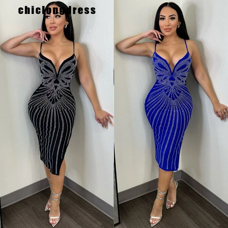 

Summer Sexy Diamond Evening Dress Women Fashion Nightclub Style Diamond Strap Tight Dress Women