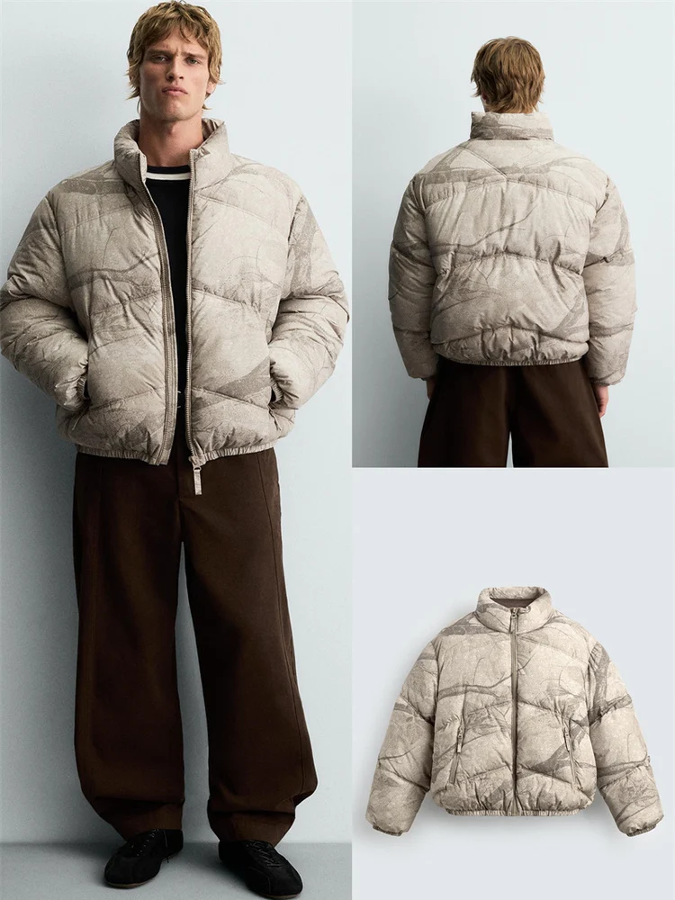 

Fashionable Abstract Print Cotton Jacket Men's Casual Outerwear Stand Collar Zipper Closure Regular Sleeve Length Urban Style