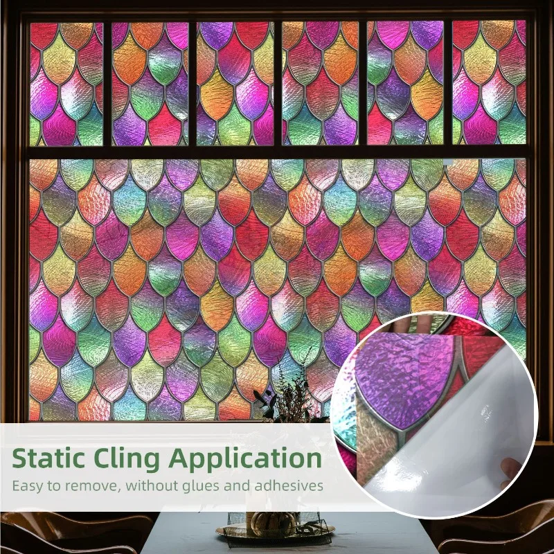 Stained Glass Window Film Static Cling Home Window Privacy Frosted Stickers Colorful Glass Fish Scale Shape Heat Insulation Film