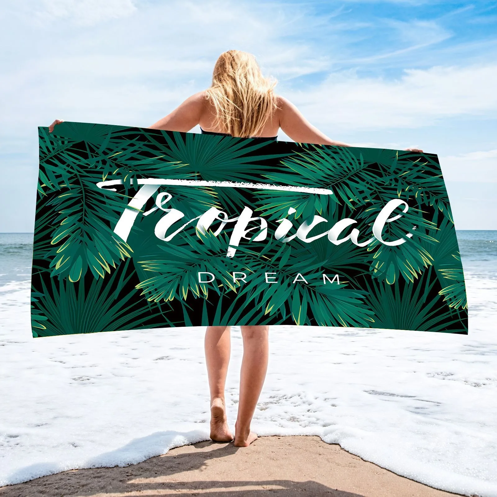 

Tropical Dream Letter Print Beach Towel Polyester Green Palm Leaves Quick Dry Bath Towels Summer Vacation Pool Sandproof Blanket