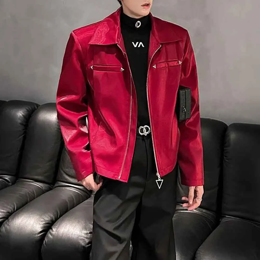 Mens Fall Jacket Padded Shoulders Metallic Liquid Finish Streetwear Fashion Nightclub Stage Performance Top Men'S Clothing 2025