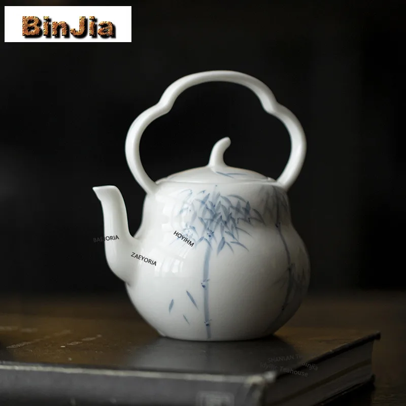BAEJORIA 150ml White Porcelain Loop-handled Teapot Hand-painted Bamboo Teapot With Filter Boutique Pot Tea Maker Kettle Crafts