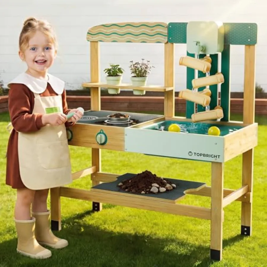 

Outdoor mud kitchen for kids: wooden sensory playset in natural wood color, 4-in-1 water/sand/cooking/gardening pretend play wi