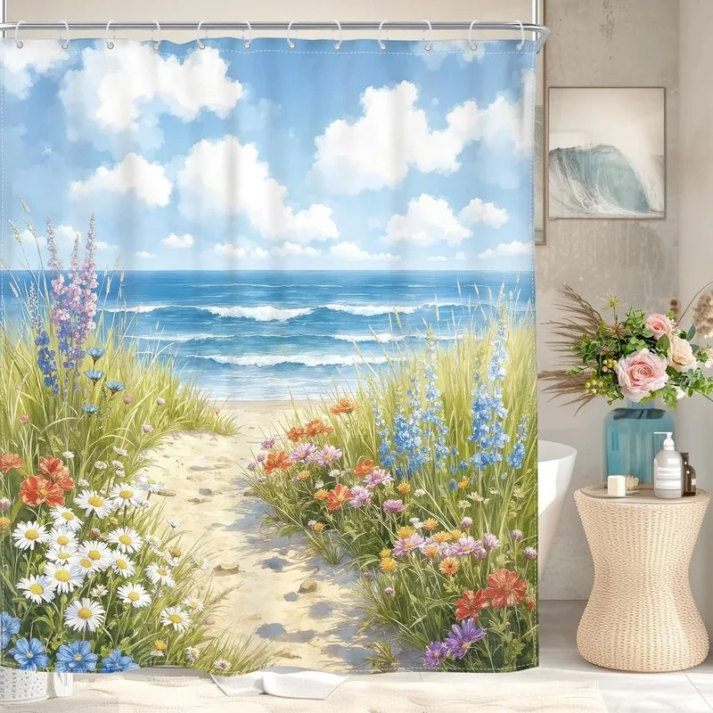 

Breathable Bathroom Shower Curtain Fresh Seaside Blue Sky Floral Landscape Pattern No Drilling Waterproof Fabric with