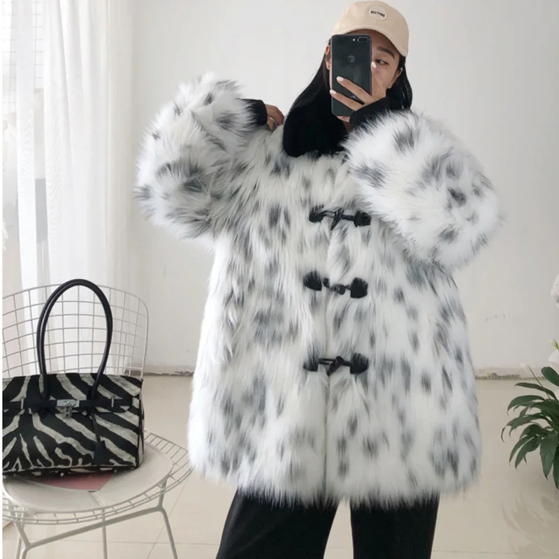 9XL Women Faux Fox Fur Black Dot Leopard Cardigan Winter Warm Black Neck Horn Button Plush Thick Overcoat Lady Thick Short Coat