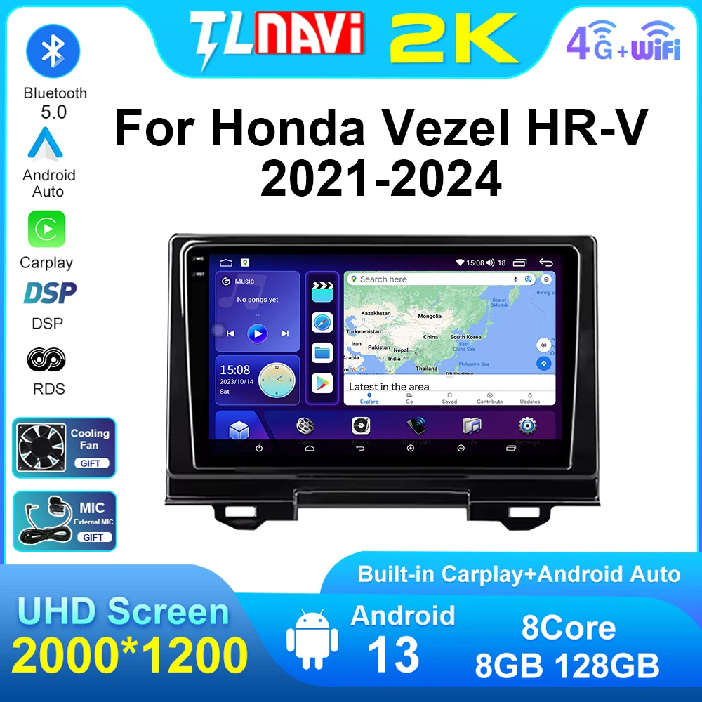 2K Screen Head Unit For Honda Vezel XRV HRV 2021 - 2024 Car GPS Navigation Multimedia Stereo Player Radio Carplay Android Auto