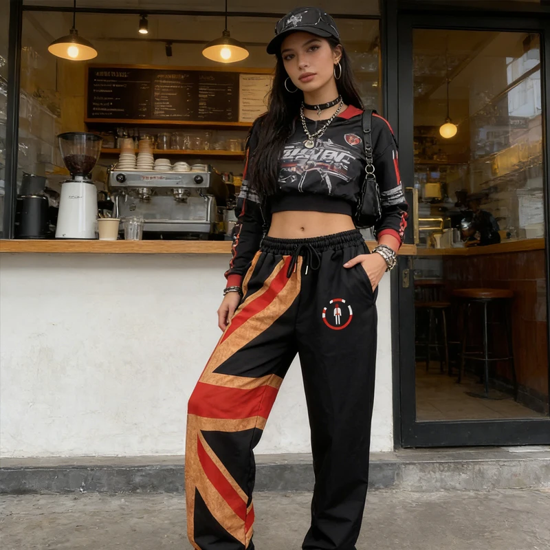 2026年新作 カラフルな2Kブロック柄 ドローストリング付き伸縮性ワイドレッグパンツ、ゆったりフィットで多用途、ニッチなファッショントレンド ユニセックススウェットパンツ