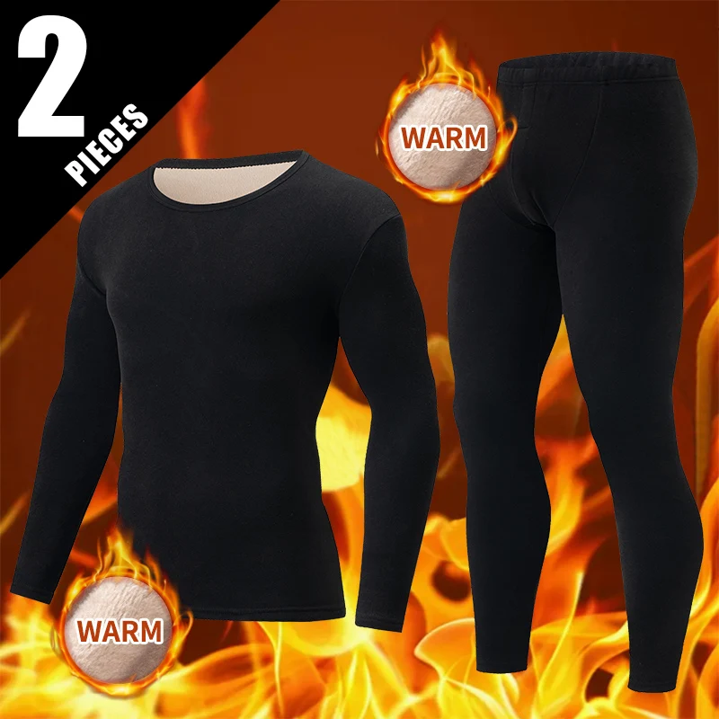 

2-piece Autumn And Winter Men's Thick Solid Color Classic Warm Underwear Set with Velvet Warm Round Neck Top Elastic Waist Pants