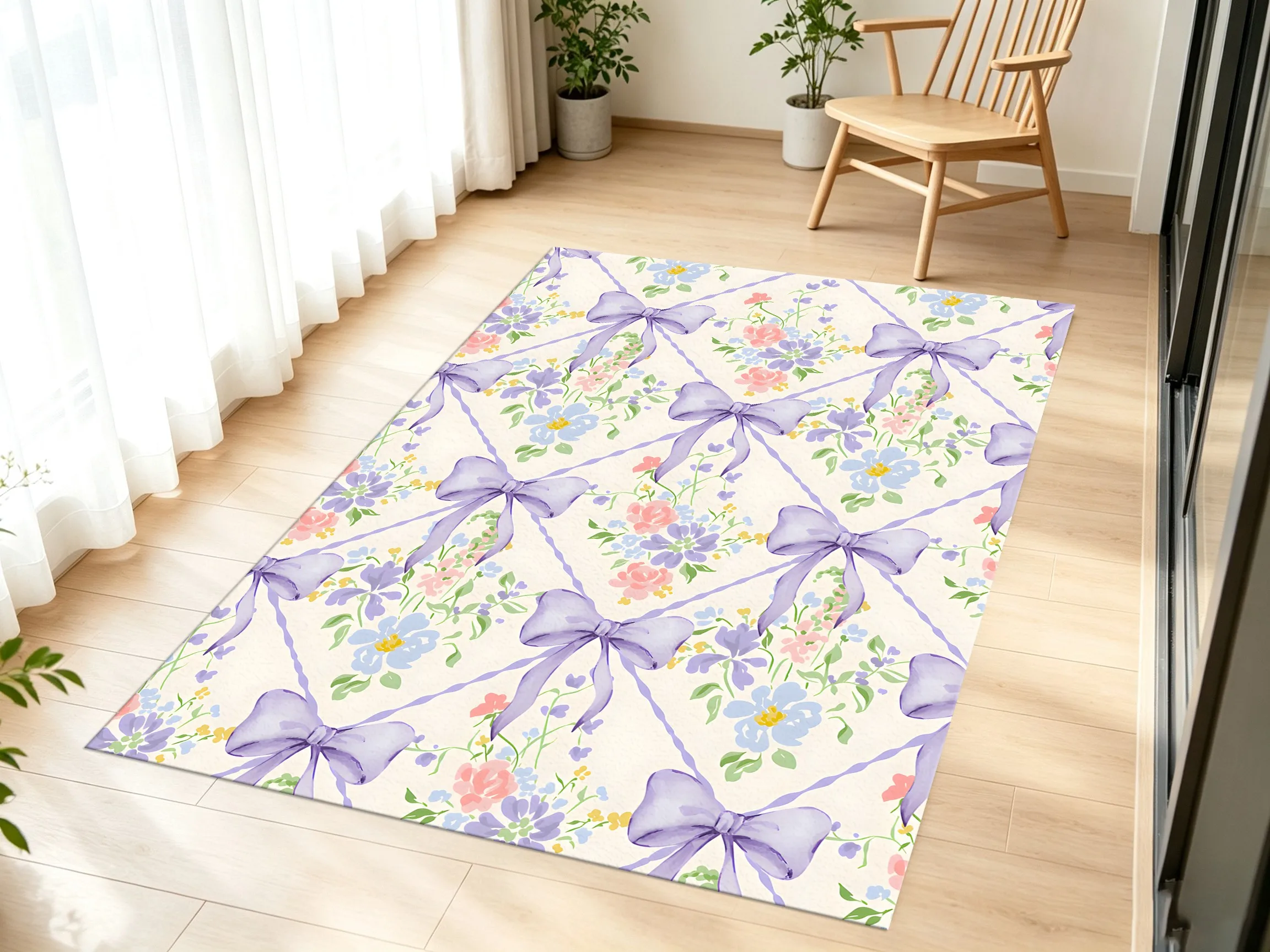 Area Rug Light Purple Bow Watercolor Floral Diamond Soft Velvet for Living Room Bedroom Home Decor