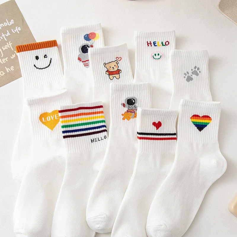 

1/10 пар весенне-осенних модных новых белых милых женских средних носков с героями мультфильмов, впитывающих пот и дышащих женских носков