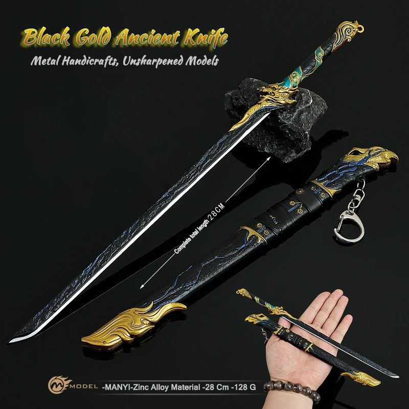 Arma Naraka Bladepoint de 28cm, cuchillo antiguo de oro negro, modelo de arma periférica, colección de adornos de aleación, regalos de cumpleaños, juguetes para niños