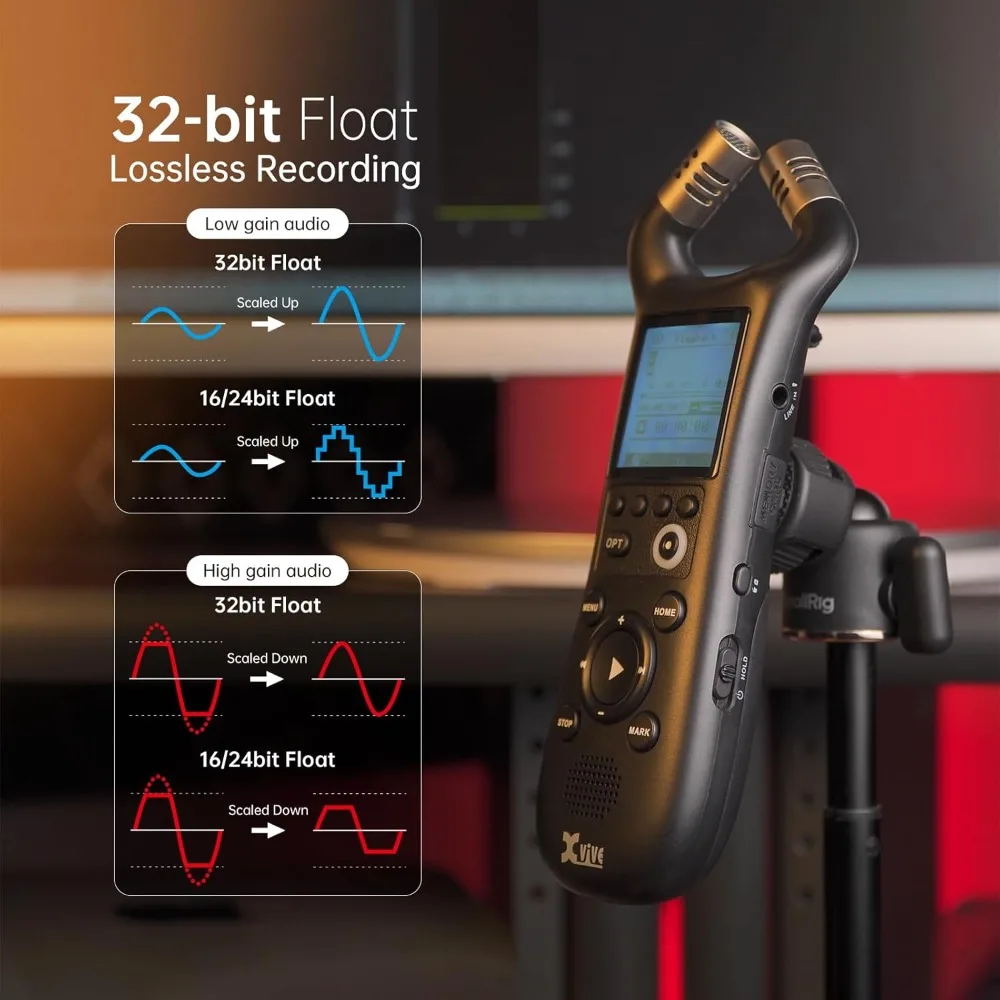 Xvive XV1-R Portable Stereo Audio Recorder with 32-Bit Float, X/Y Microphones, WAV/AAC Format, USB Microphone, Auto Record,