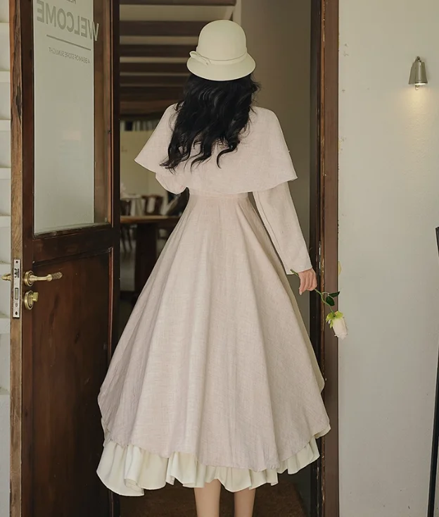 French Retro Ruffles V-neck Court Long Sleeve High Waist Dress Autumn Winter Fashion Versatile Elegant Bow Loose Leisure Cloak