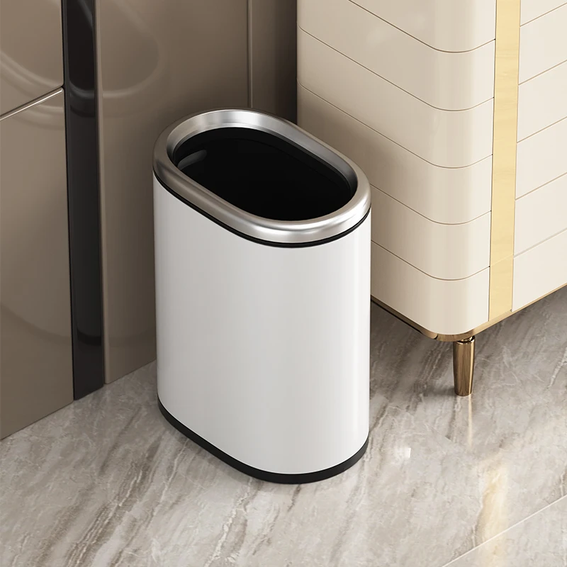 9L/2.4Gal Stainless steel oval trash can with ring, Light luxury metal narrow trash bin for bathroomm,bedroom,office,hotel