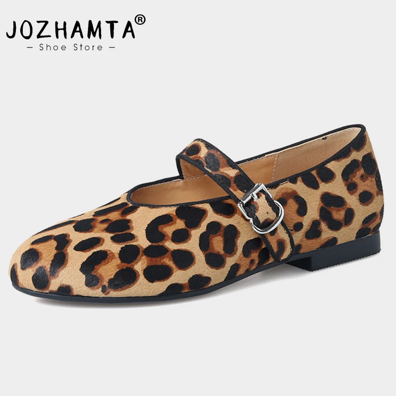 JOZHAMTA Women Casual Leopard Flats Shoes Real Leather Ins Fashion Low Heels Shoes Pring 2025 Straps Office Dress Size 34-49