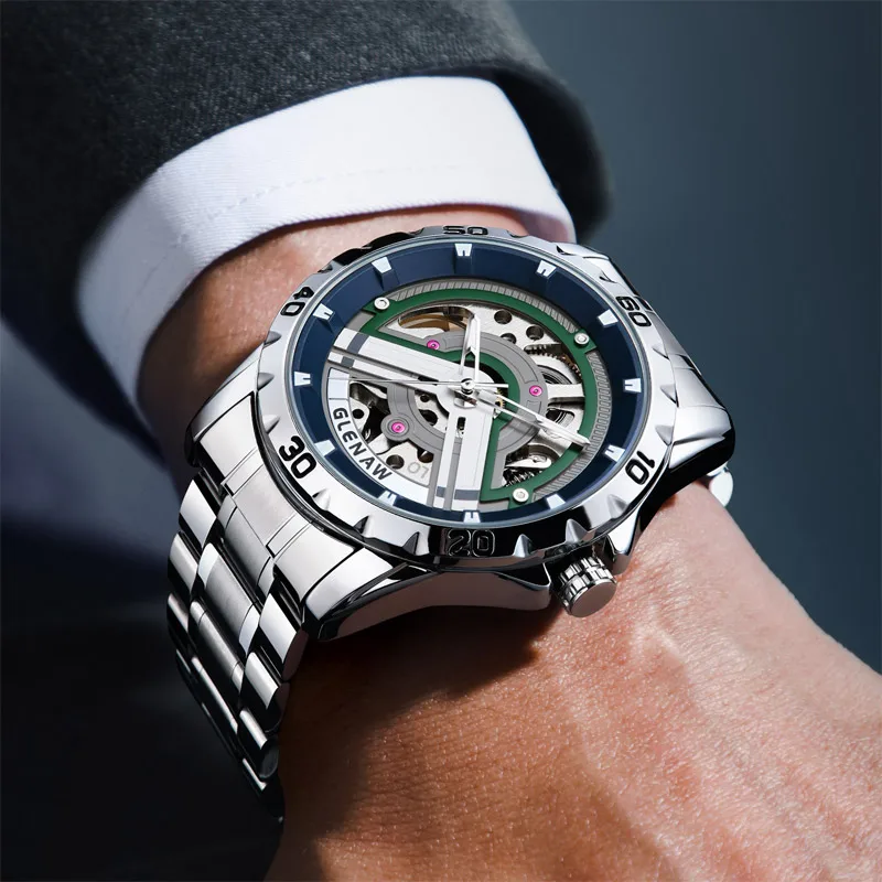 GLENAW Original Brand Skeleton Automatic Movement Man Watch Mechanical Waterproof Male Wrist Watches Fashion Sports Clockwork