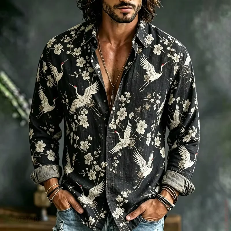 New Men's Retro Color-Blocked Long-Sleeved Shirt, a Casual and Stylish Top, Adorned with Red-Crowned Cranes and Tribal Patterns.
