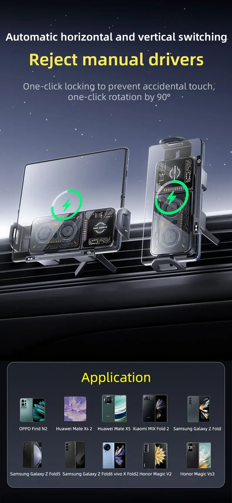 15W Schnelles Kabelloses Lade-Autohalterung für Handys 90 ° Ein-Klick-Drehhalterung, Stabiler Anti-Wackel-Lüftungsclip für alle Smartphones – Detail 20