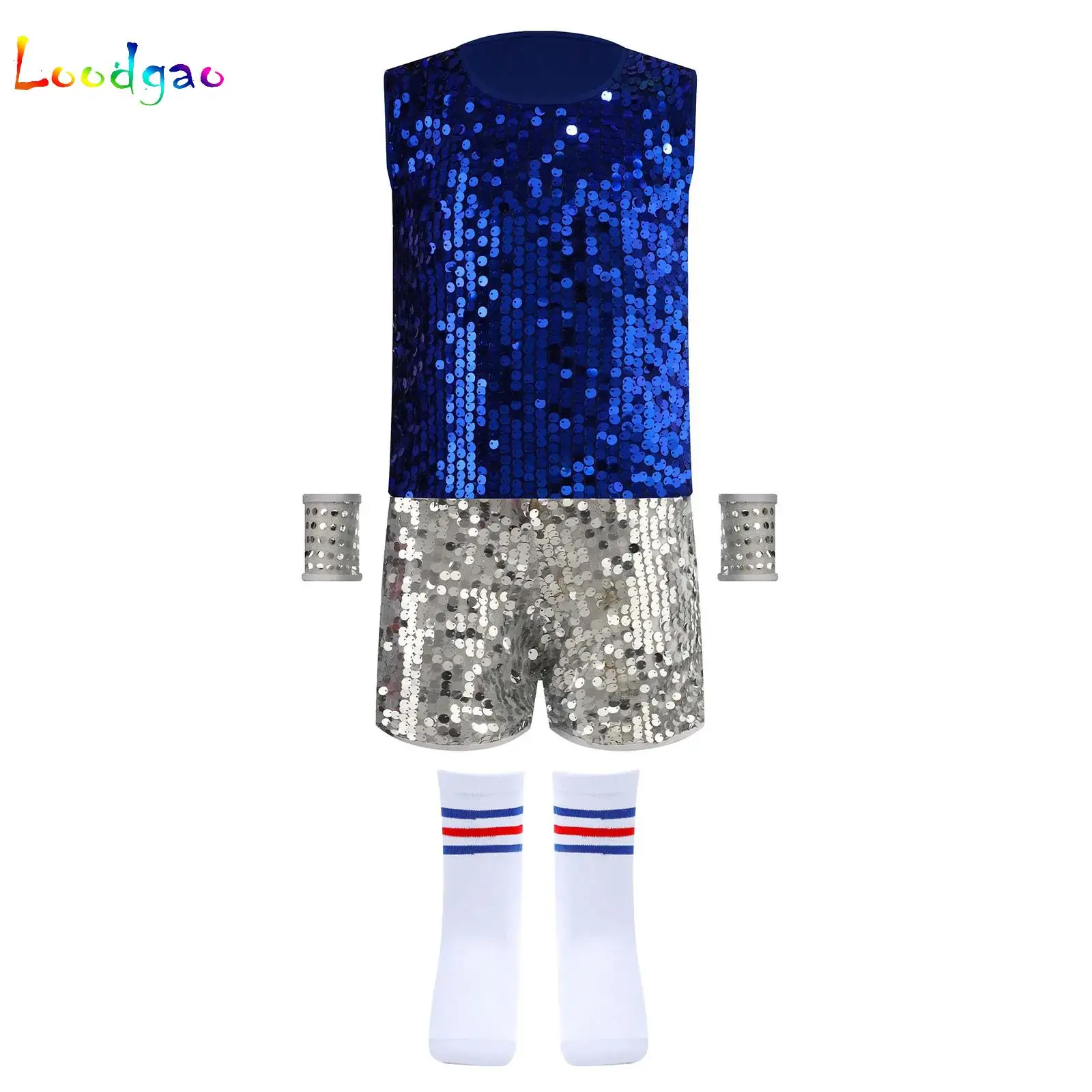 

Kids Boys Girls Jazz Dance Outfits Sparkling Sequin Tank Top with Shorts Socks and Cuffs for Hip-Hop Modern Stage Performance