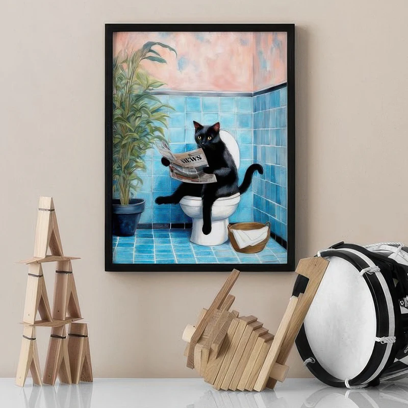 Cat Sitting On The Toilet Giraffe In Bathtub Hippo Canvas Art Print Poster Wall Painting Picture Modern Room Bathroom Decorative